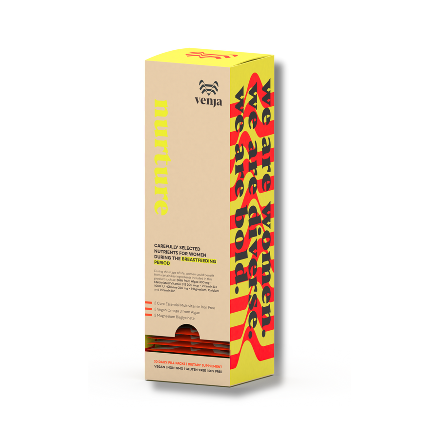 Venja product packaging with red and yellow design on a white background